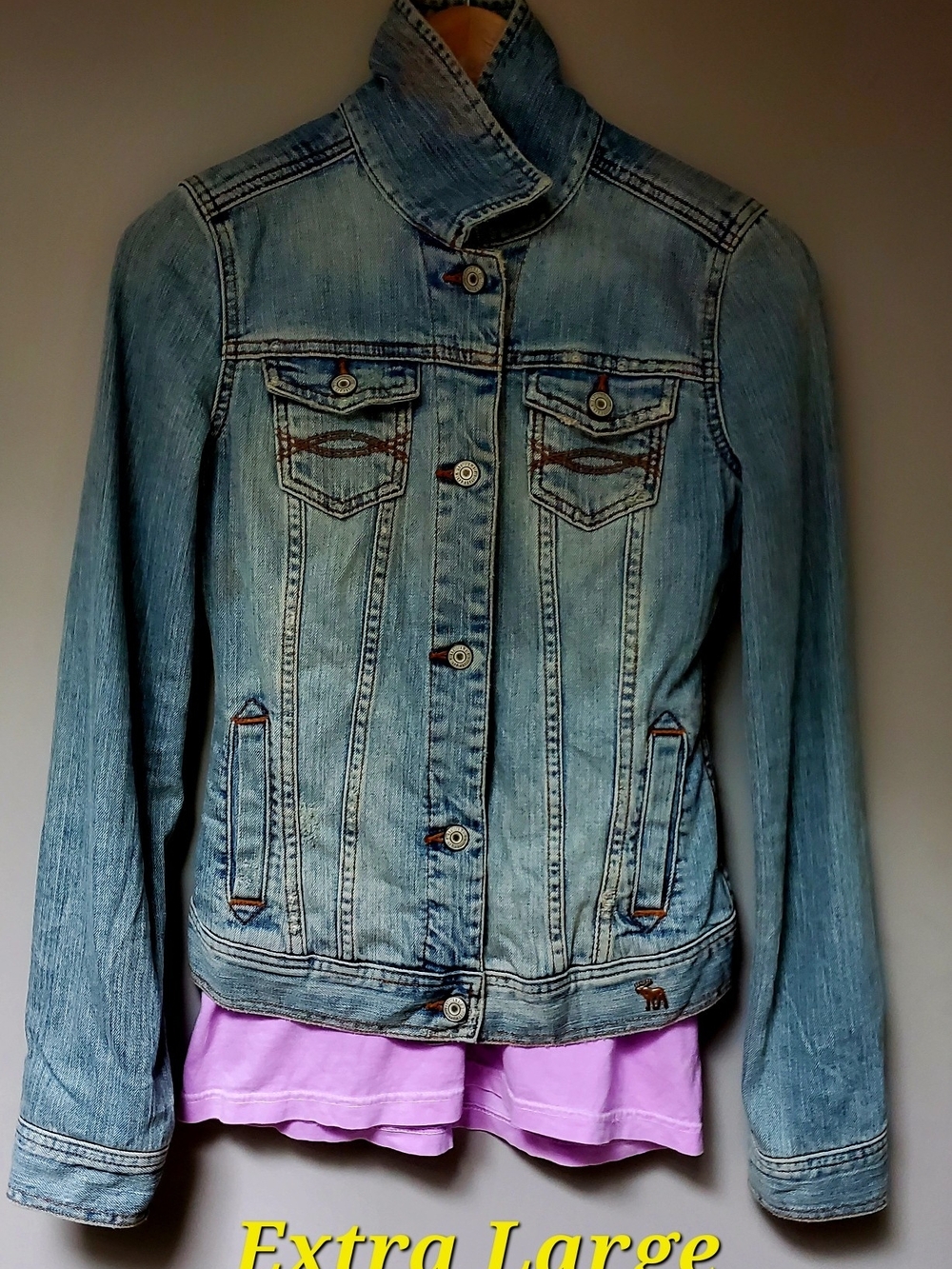 Upcycled Abercrombie & Fitch Light Denim Jacket with  Lace Back - Picture 2 of 2